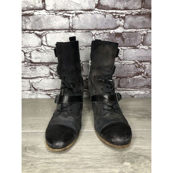 AllSaints Spitalfields Jacks Place Black Leather Zip Heel Strap Boots Women 38EU - Picture 2 of 16